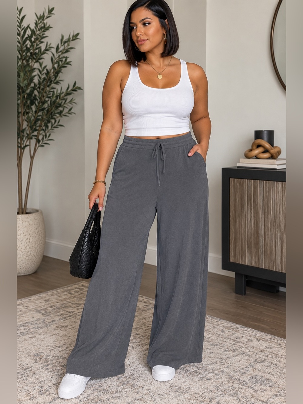 Wide Leg Drawstring Pants - Charcoal